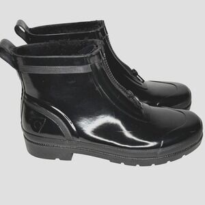 TRETORN Boots Womens 9 Black Glossy Lina Zip Top Rain Boots Fur Lined Lug Winter